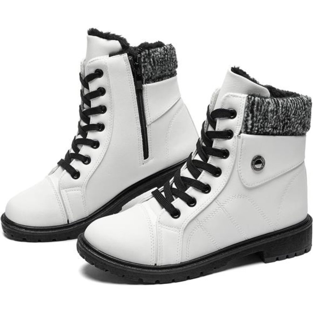 Womens Combat Boots Fur Lined Winter Ankle Boots PU Leather Black Non Slip